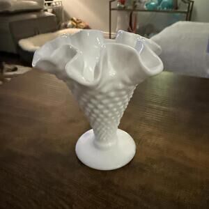 Vintage Fenton Small White Milk Glass Ruffle Top Hobnail Vase 4”
